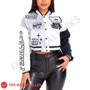 Cropped Varsity Bomber Jacket with Letter Print, Slim Fit, Button Closure